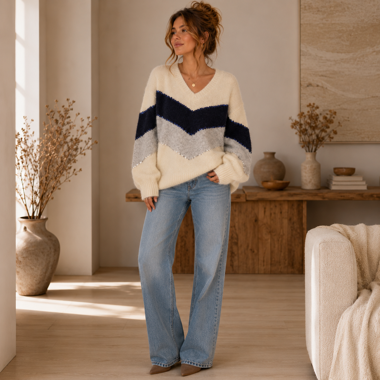 V Neck Super Soft Sweater Navy Blue One Size