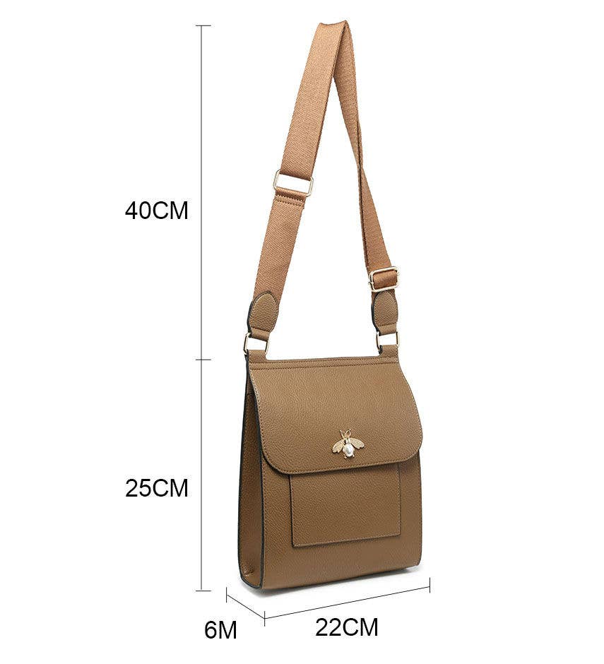 Tan Brown Bee Flap Crossbody Bag