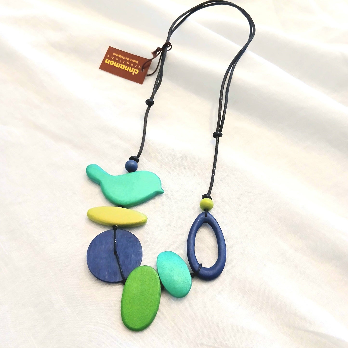 Blue Little Bird and Blended Shapes Wooden Beads Necklace
