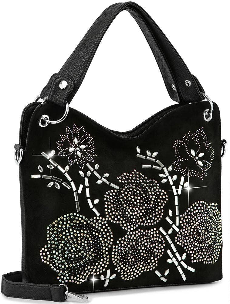 Floral Design Rhinestone Handbag: Black