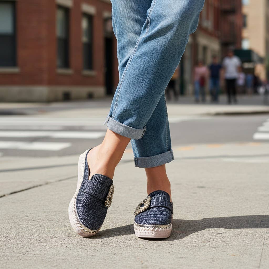 Navy Luna Linen Slides
