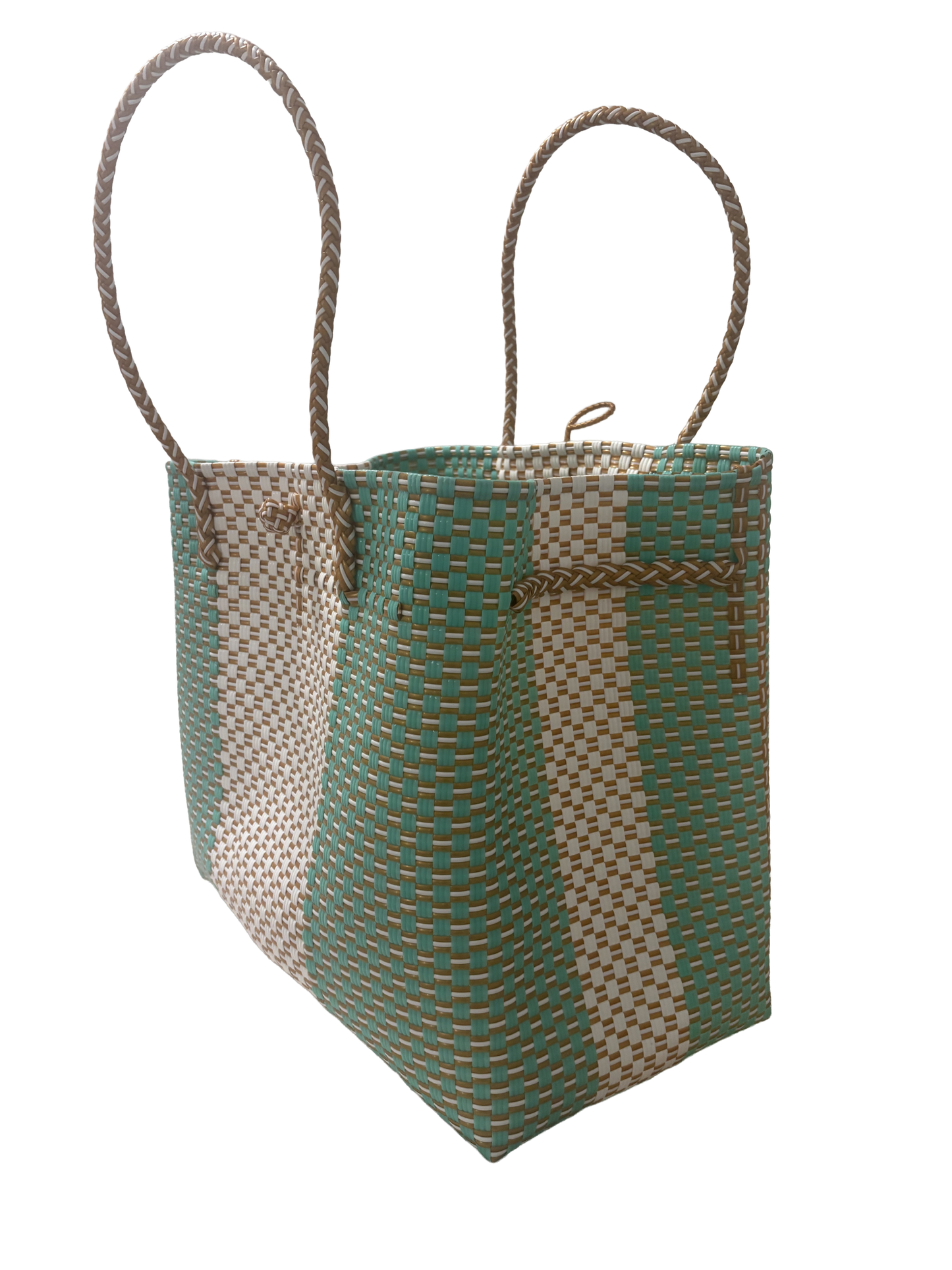 Designer Tote In Aqua Blue & Ivory Weave: Medium