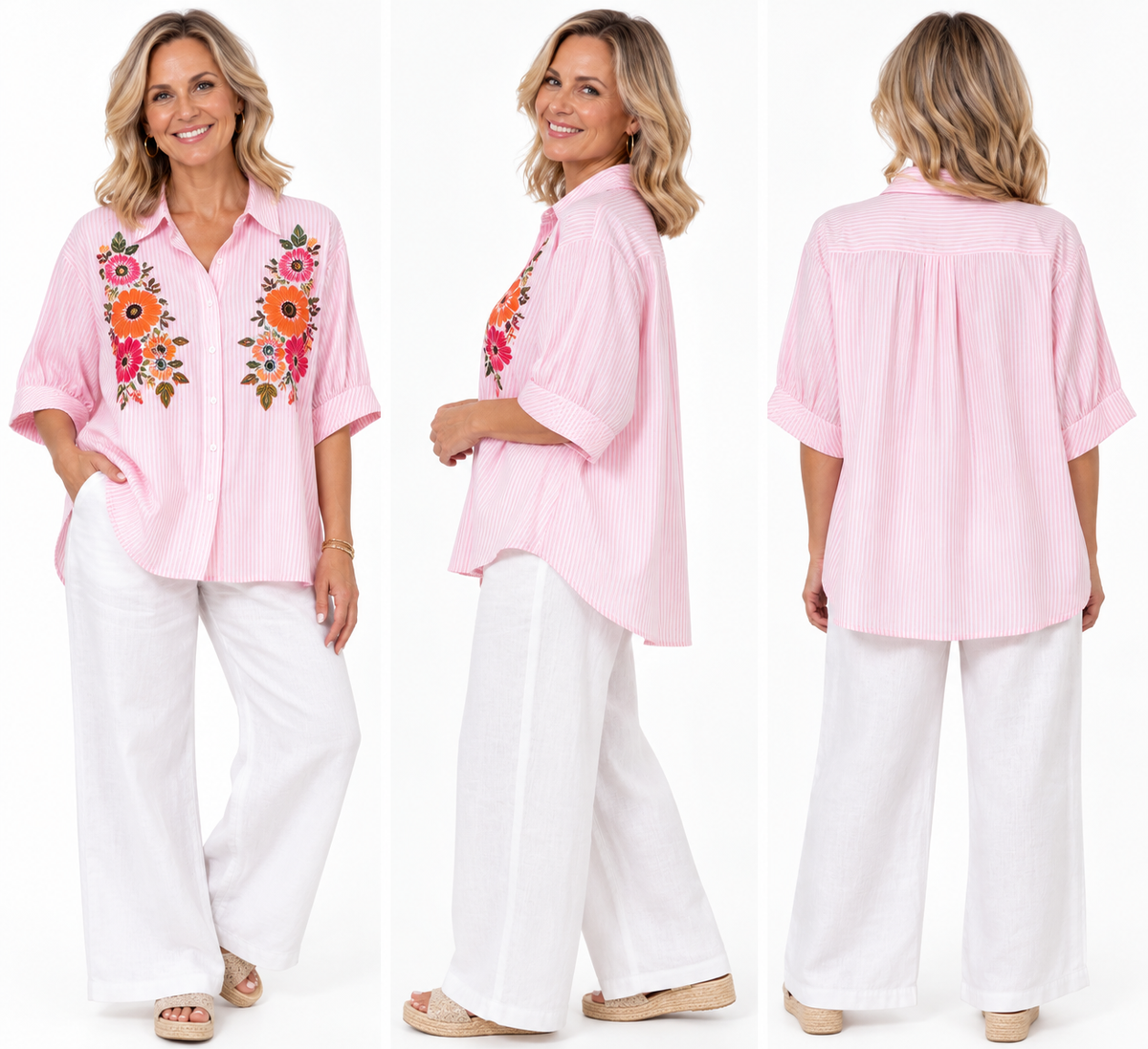 Pink Stripe Floral Embroidered Shirt