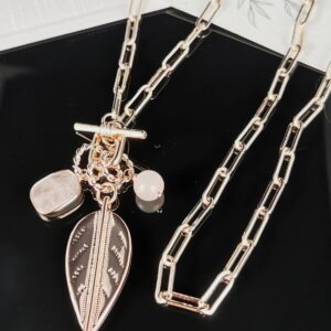 Rose Gold Necklace with Leaf & Charms 75cm Long