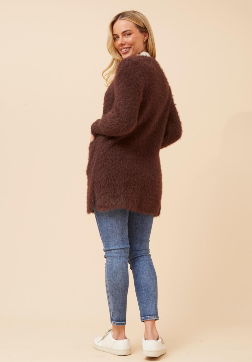 Soft Eyelash Knit Chocolate Cardigan with Pockets – Cosy Lightweight Layering