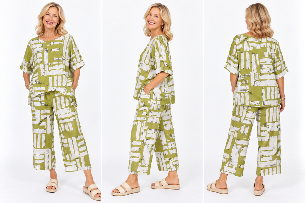 Pale Olive & White Linen Blend Pants
