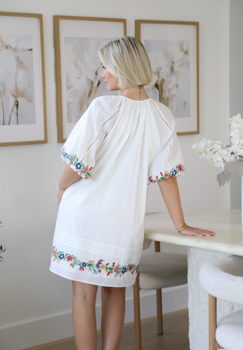 White Cotton Embroidered Lined Dress