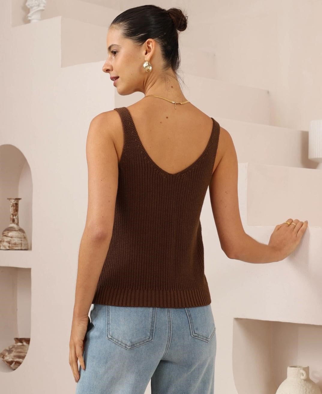 Cotton Knit V Neck Tank Top Chocolate