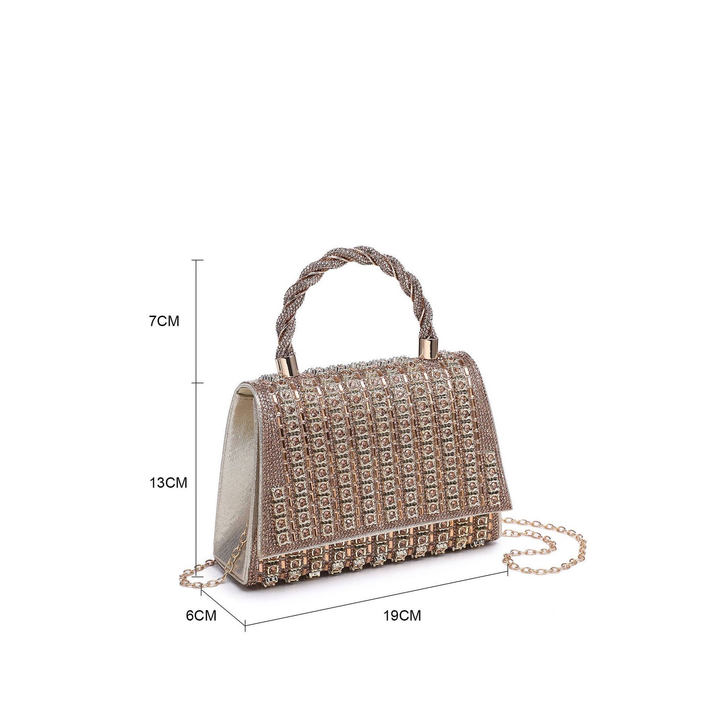 Twist Handle Trapezoid Double Side Diamante Bag: Champagne