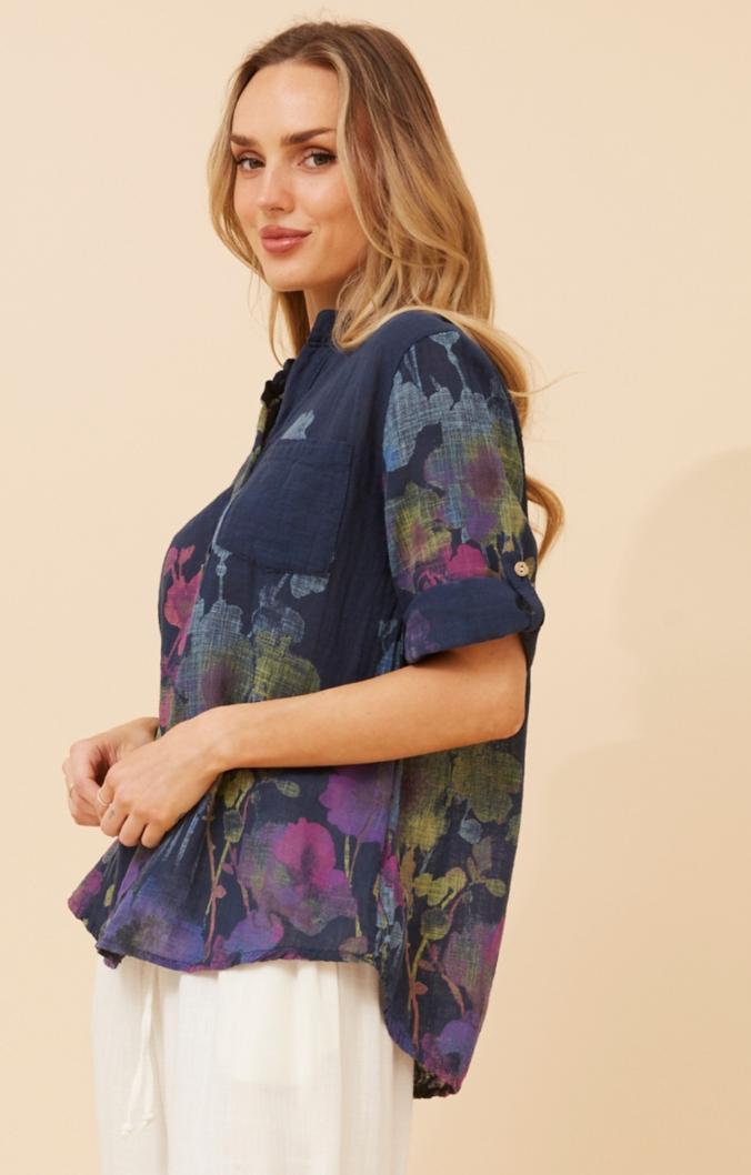 Navy Cotton Shirt with Painted like Details