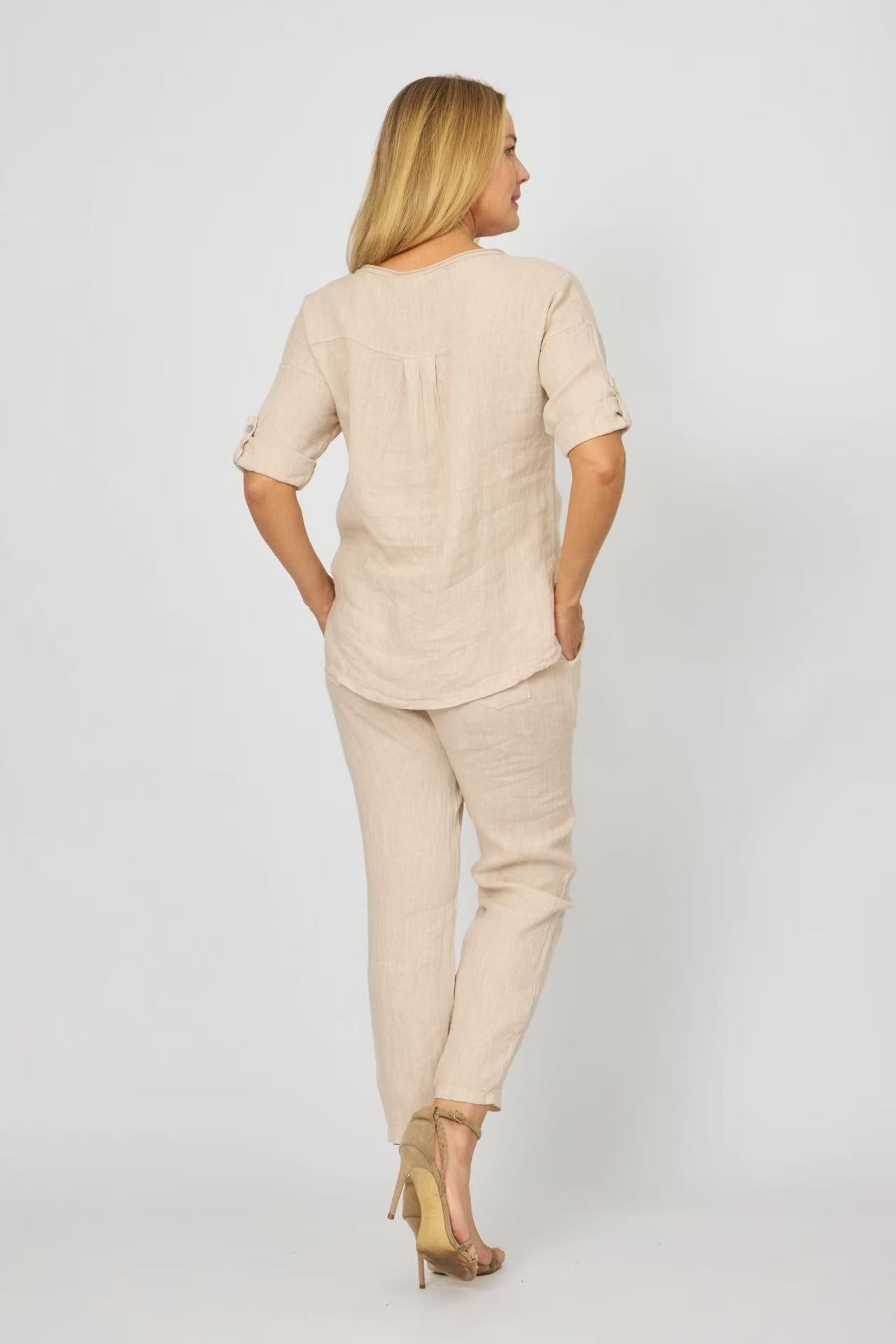 Soft Pink Linen Sequin Detail Top