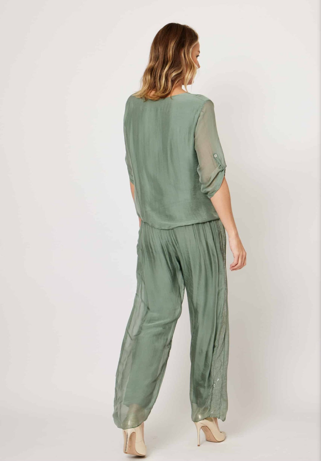 Silk Blenda Sage V Neck Top