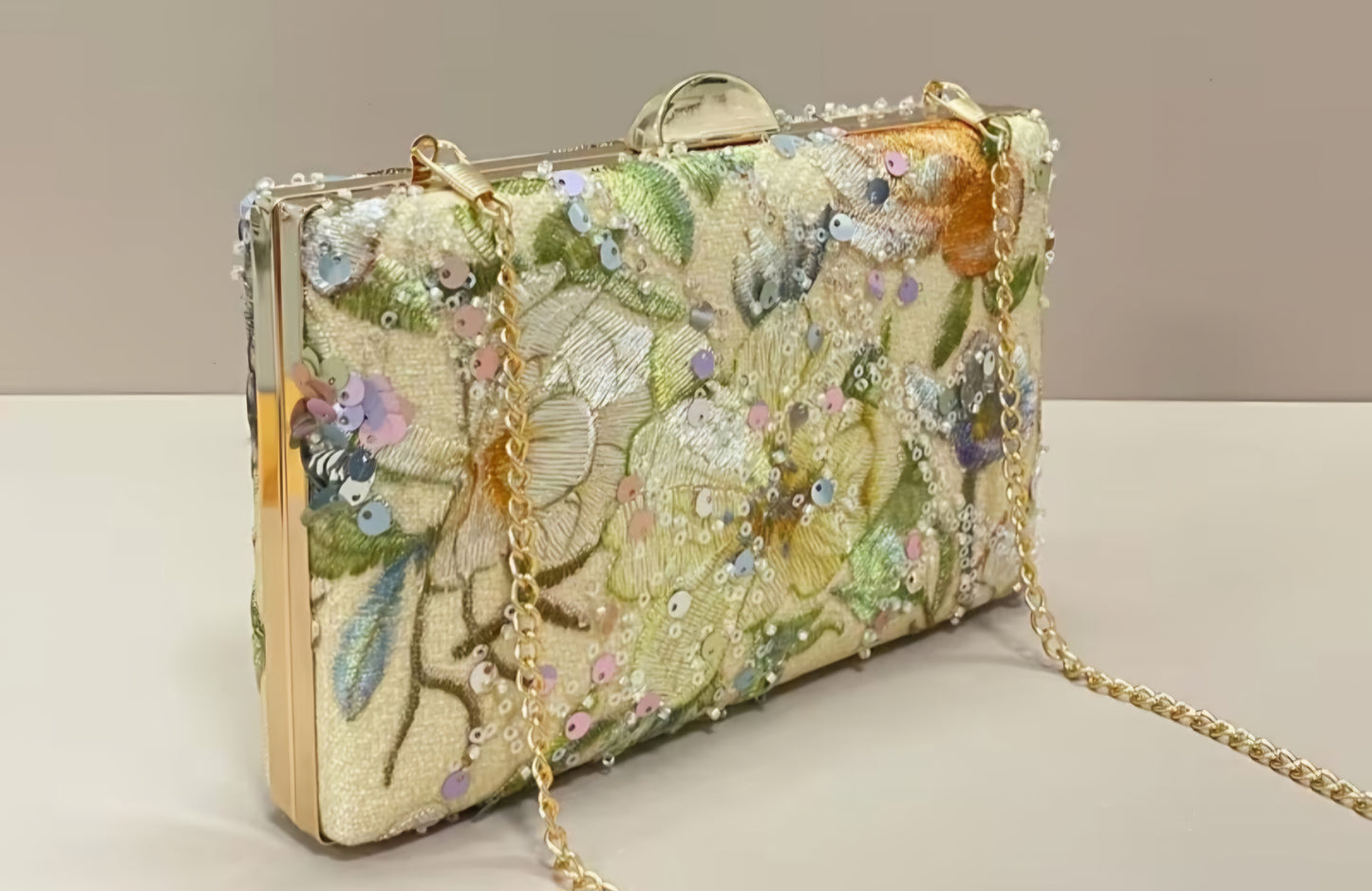 Pale Yellow Floral Beaded Clutch