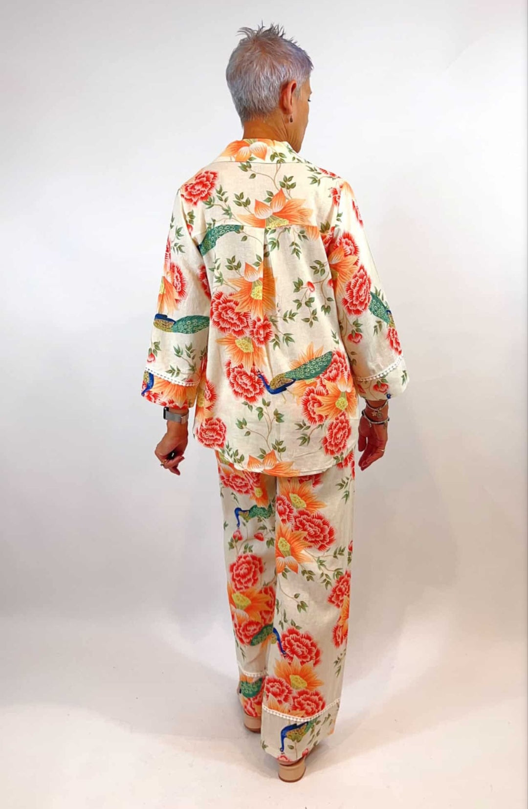 Orange Floral Linen Blend Pants