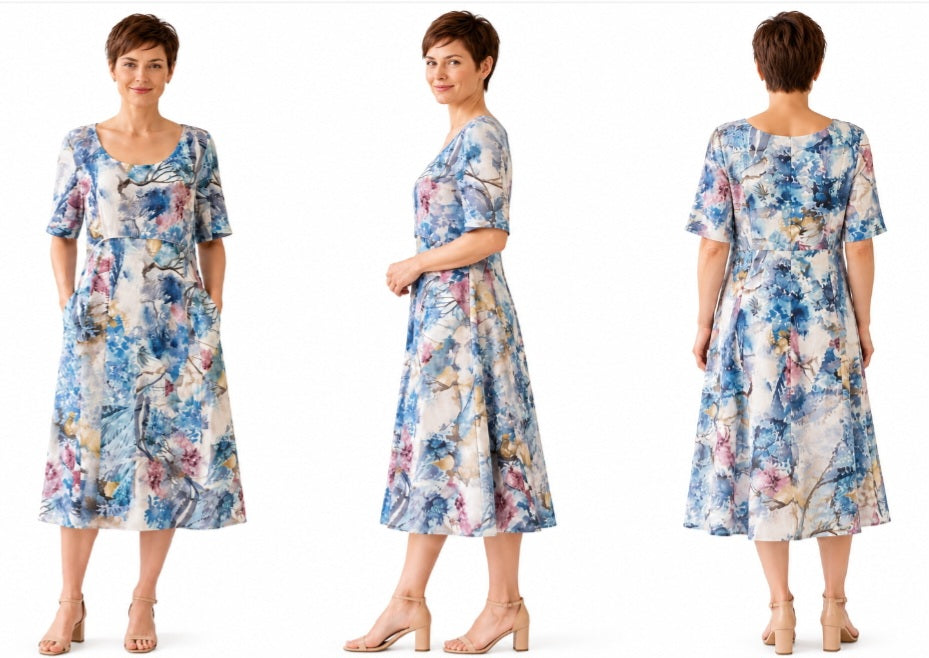 Watercolour Blue Print Midi Dress