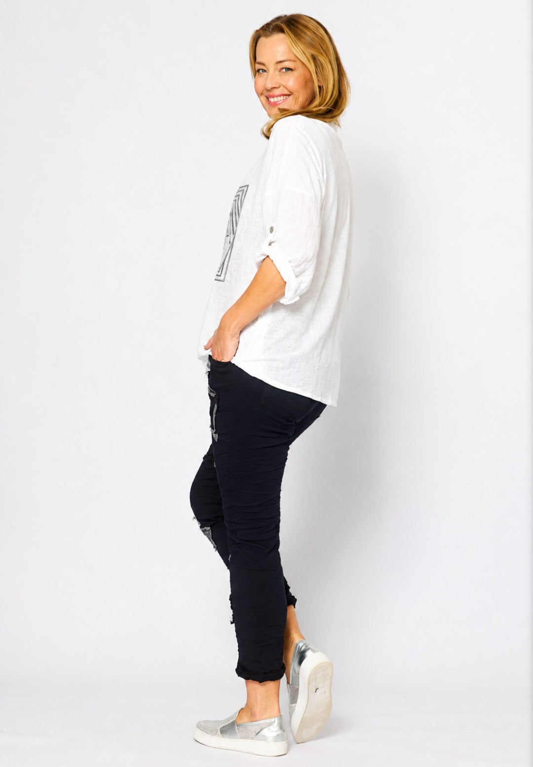 White Cotton Blend Bling Top from Italy