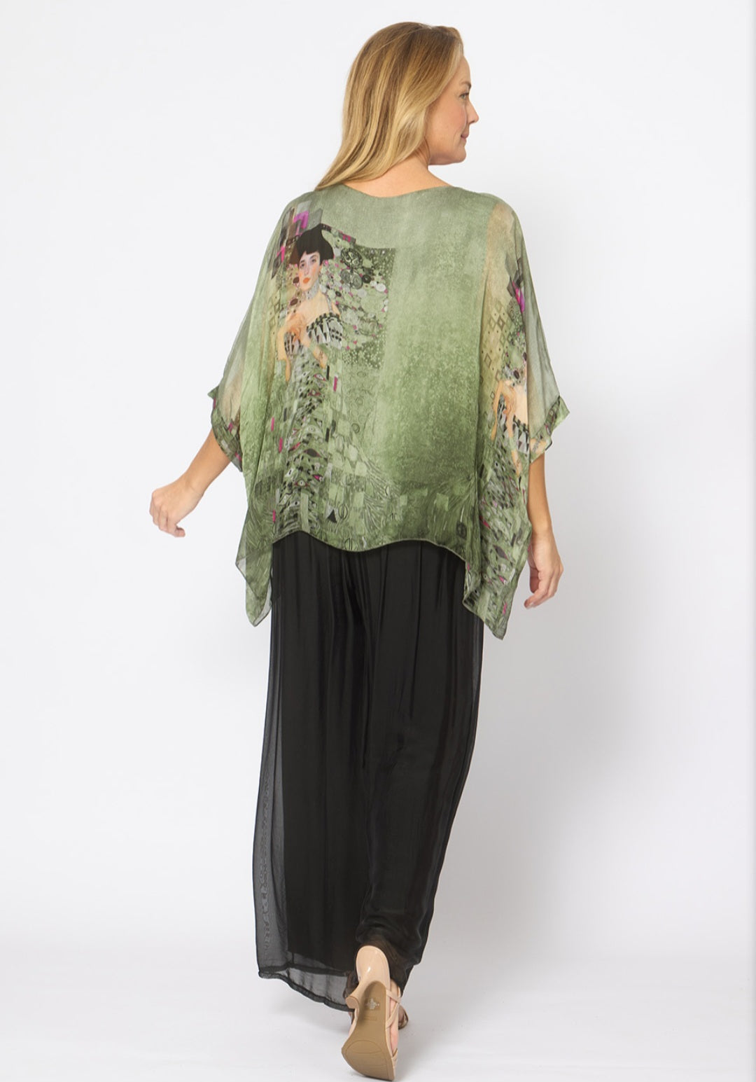 Khaki Patterned Kaftan Style Silk Blend Layered Top