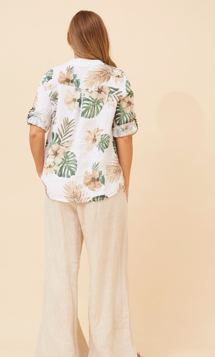 White Linen Shirt with Leaf Pattern