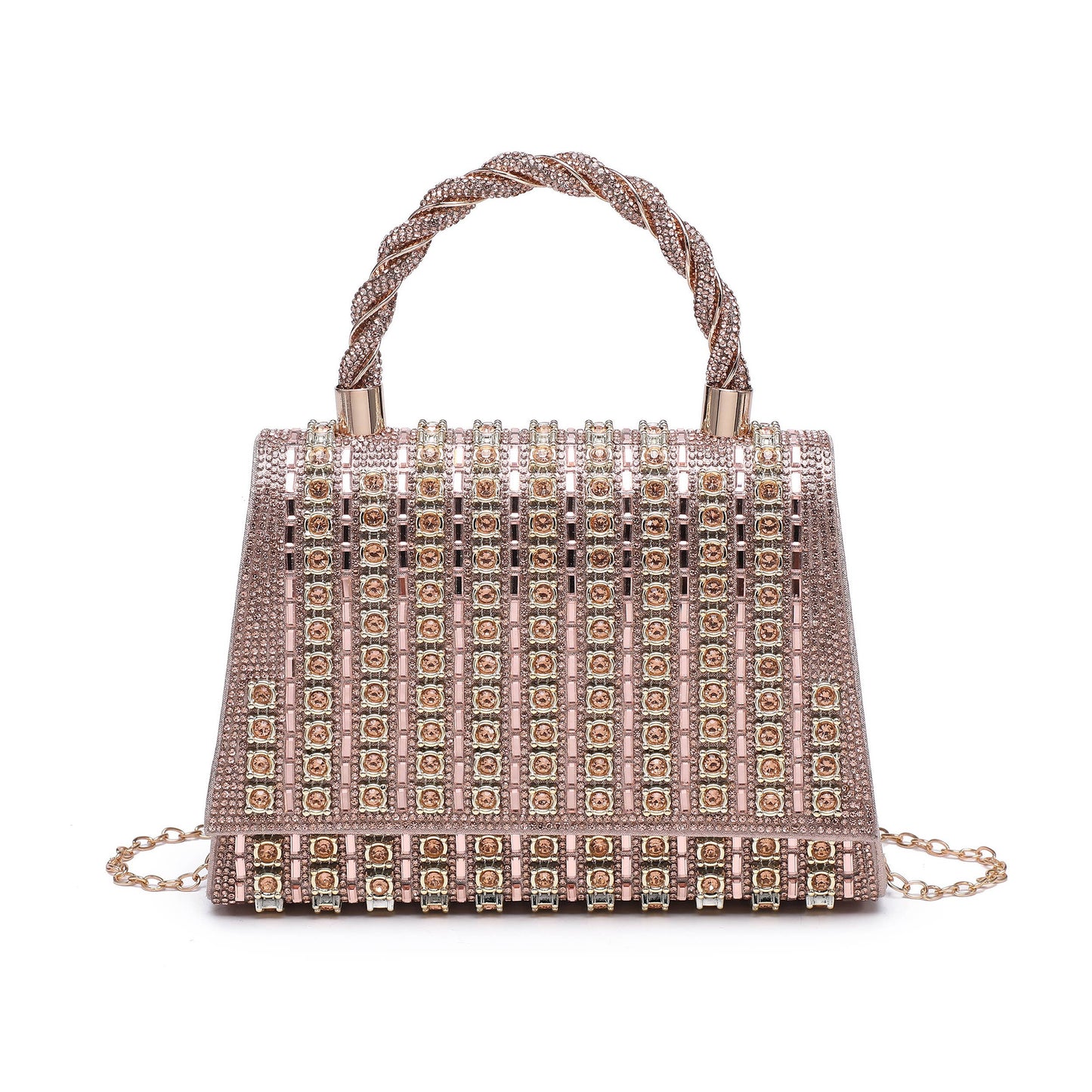 Twist Handle Trapezoid Double Side Diamante Bag: Champagne