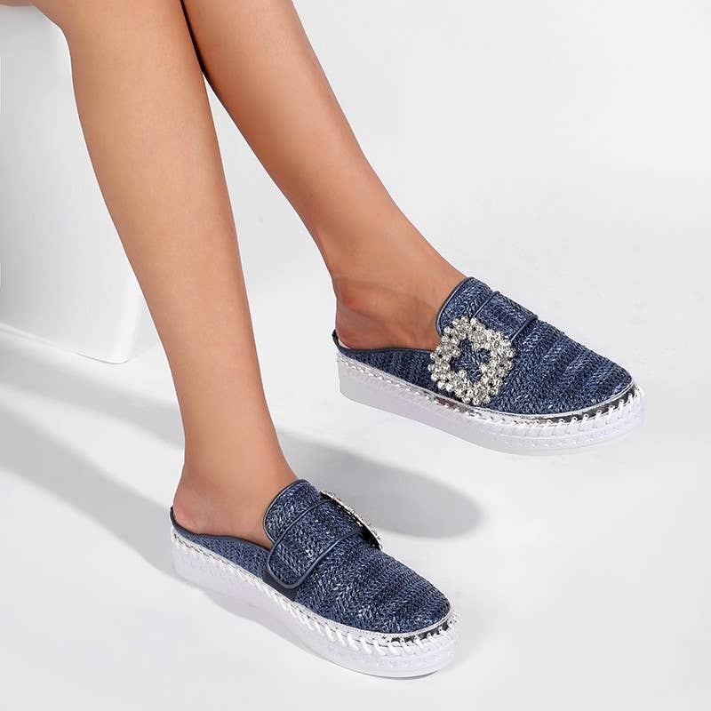 Navy Luna Linen Slides