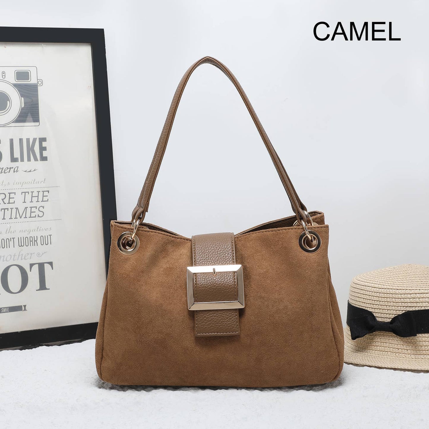 Camel Vegan Suede Shoulder Bag