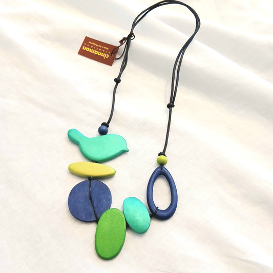 Blue Little Bird and Blended Shapes Wooden Beads Necklace