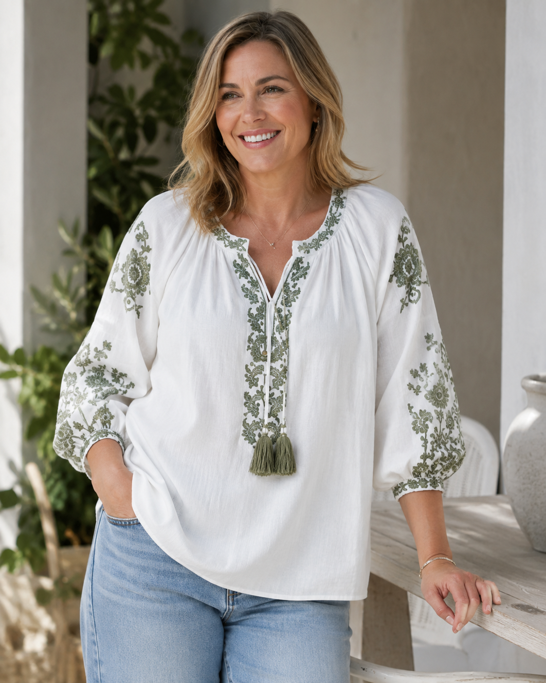 White & Khaki Cotton Top