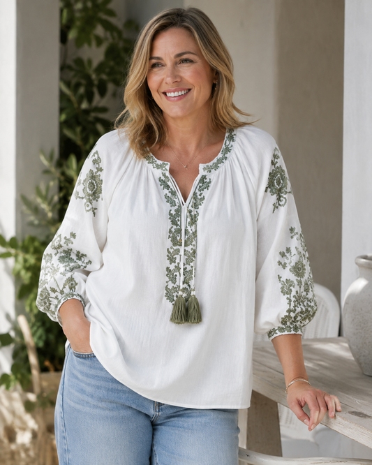 White & Khaki Cotton Top