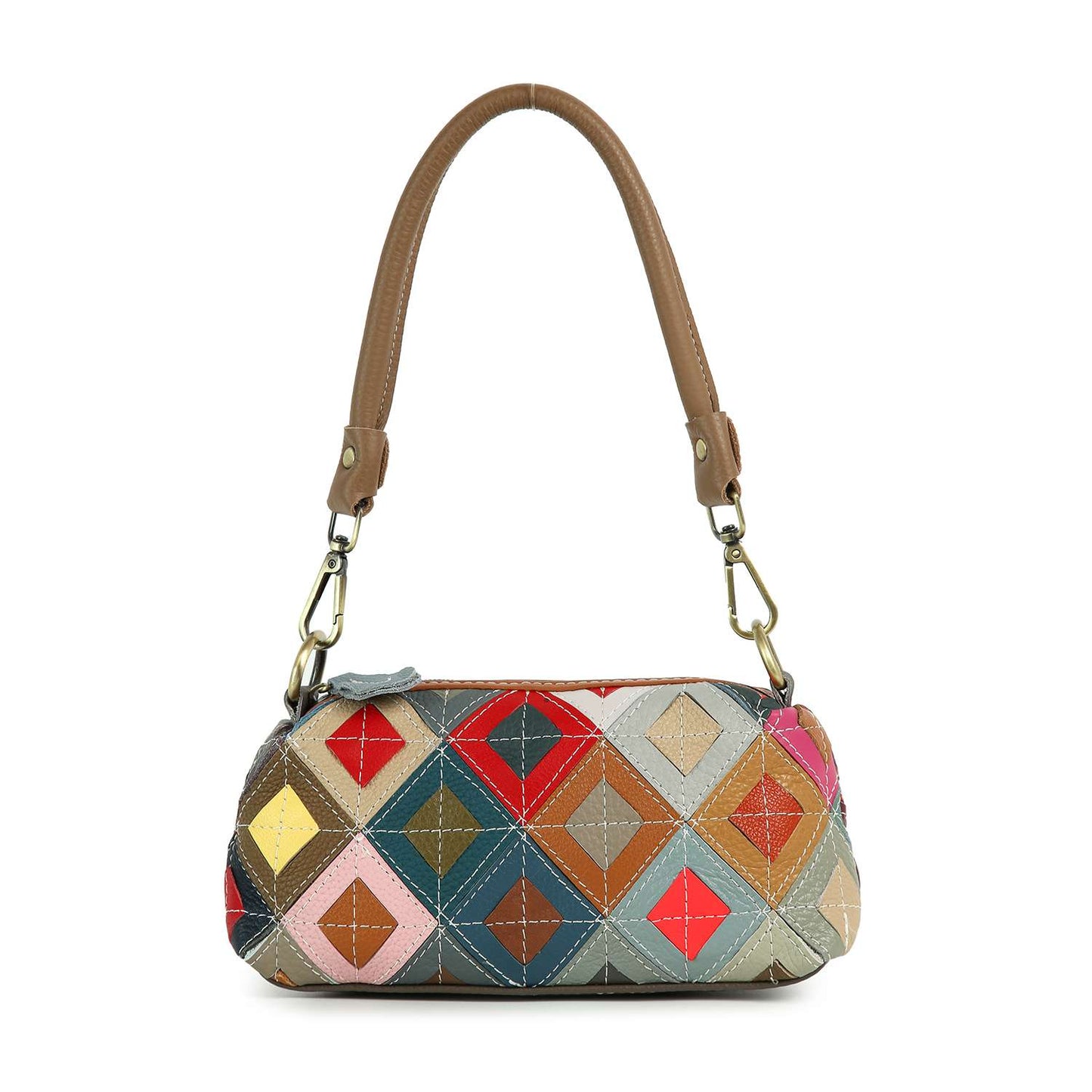 Genuine Leather Top Stitch Petite Shoulder Bag: Multi