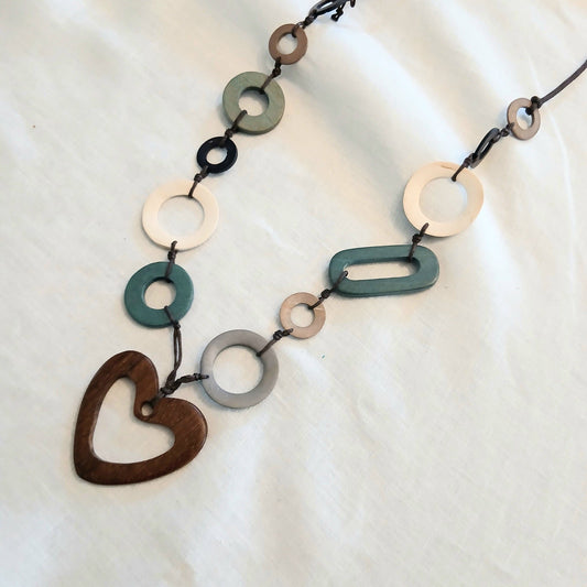 Long Heart Pendant and Wooden Shaped Beads Necklace Teal