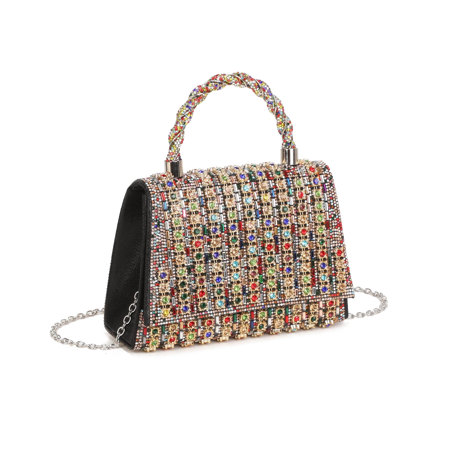 Twist Handle Trapezoid Double Side Diamante Bag: Champagne