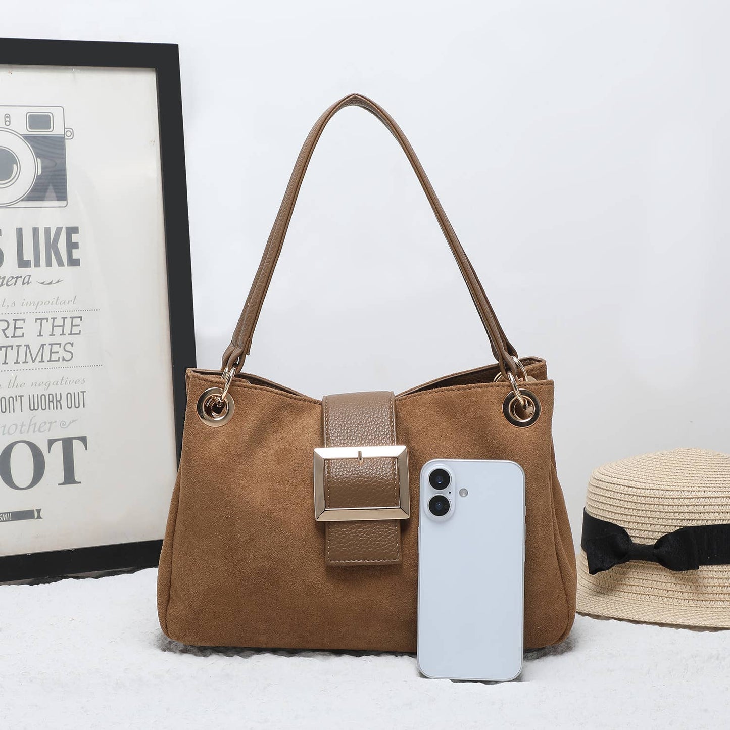 Camel Vegan Suede Shoulder Bag