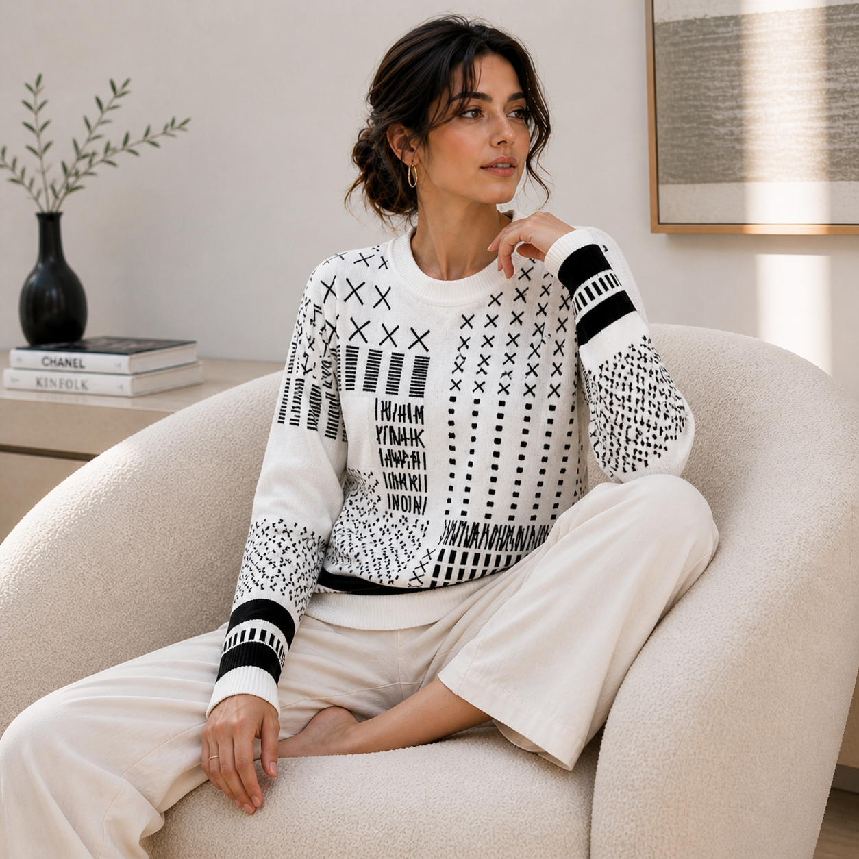 Soft Charcoal Black & Winter White Patterned Jumper