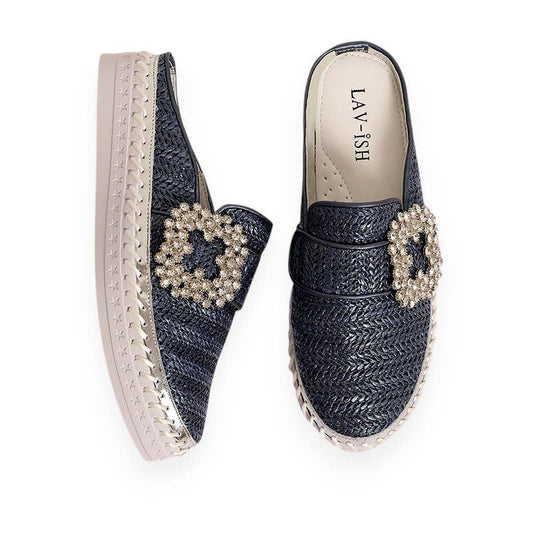 Navy Luna Linen Slides