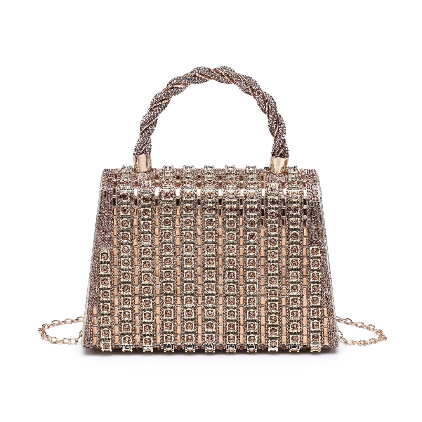 Twist Handle Trapezoid Double Side Diamante Bag: Champagne