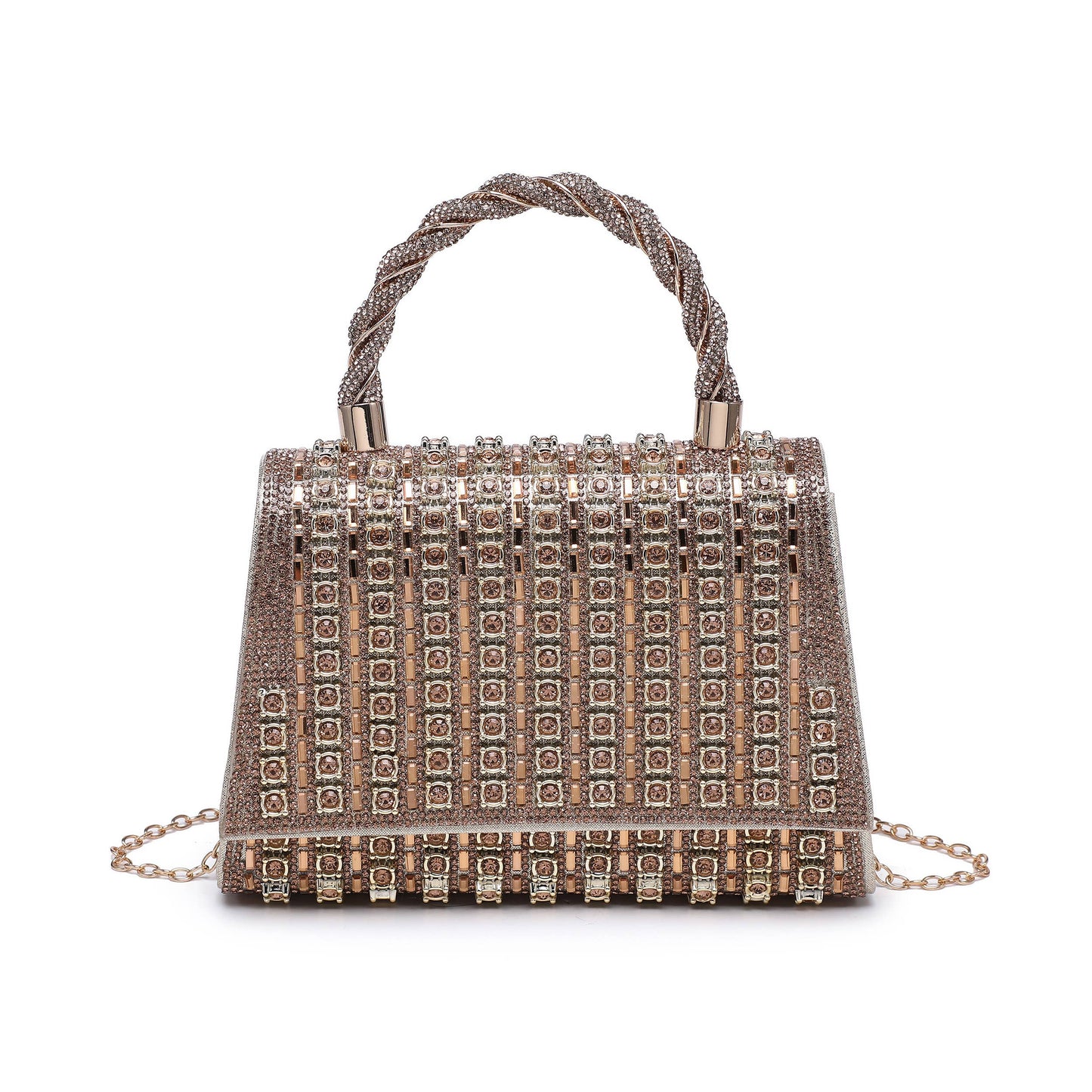 Twist Handle Trapezoid Double Side Diamante Bag: Champagne