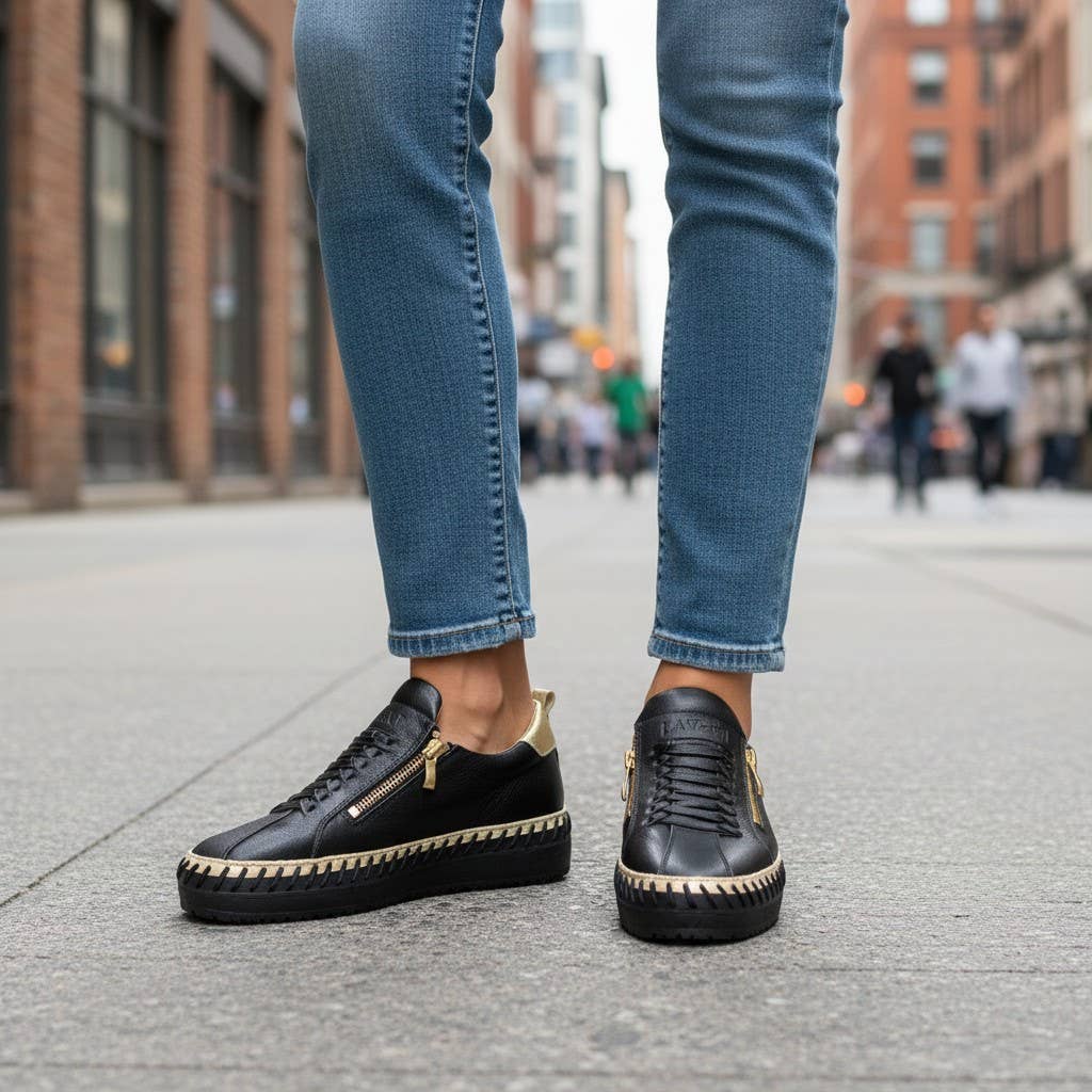 Black/Gold Heritage Leather Zip Sneaker