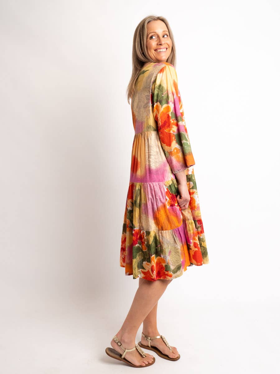 Gypsy Style Tiered Dress In Orange Pink