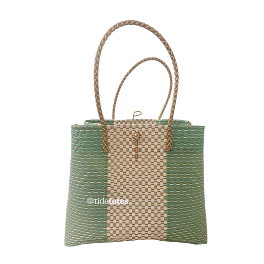 Designer Tote In Aqua Blue & Ivory Weave: Medium