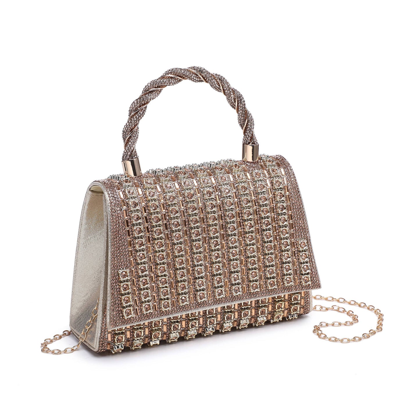Twist Handle Trapezoid Double Side Diamante Bag: Champagne