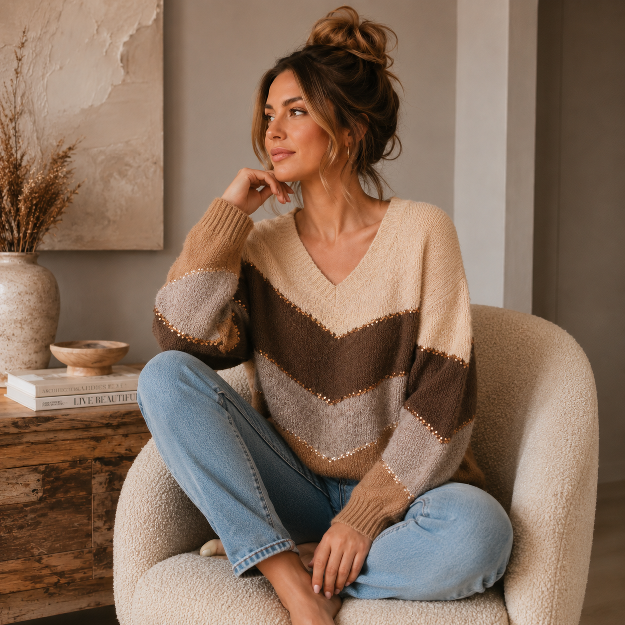 Super Soft V Neck Sweater Coffee Brown One Size