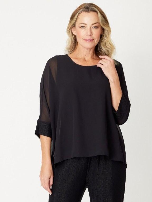Shimmer Chiffon Overlay Top- Black
