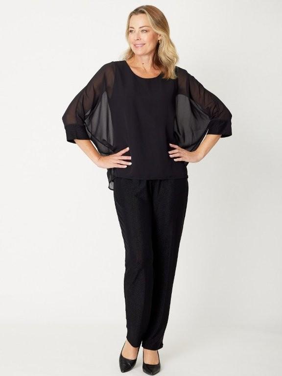 Shimmer Chiffon Overlay Top- Black