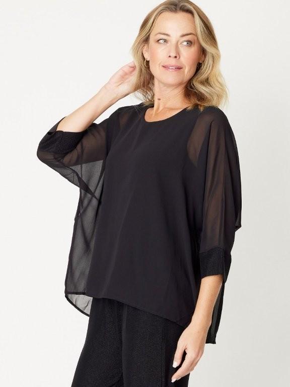 Shimmer Chiffon Overlay Top- Black