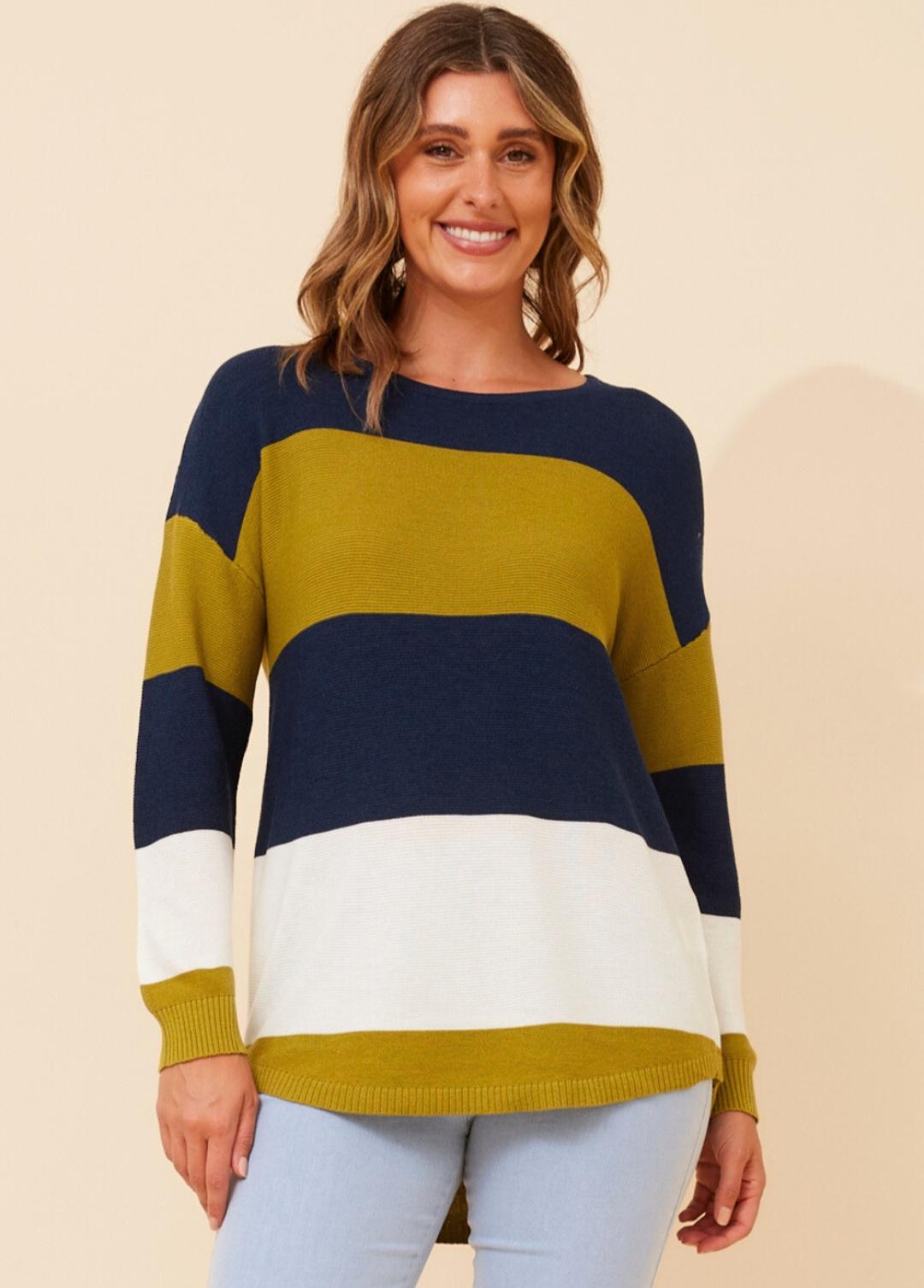 Navy & Olive Colour Block Knit Jumper