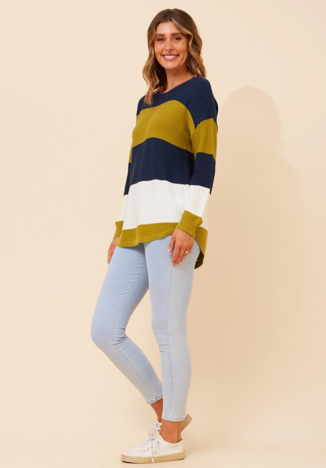 Navy & Olive Colour Block Knit Jumper