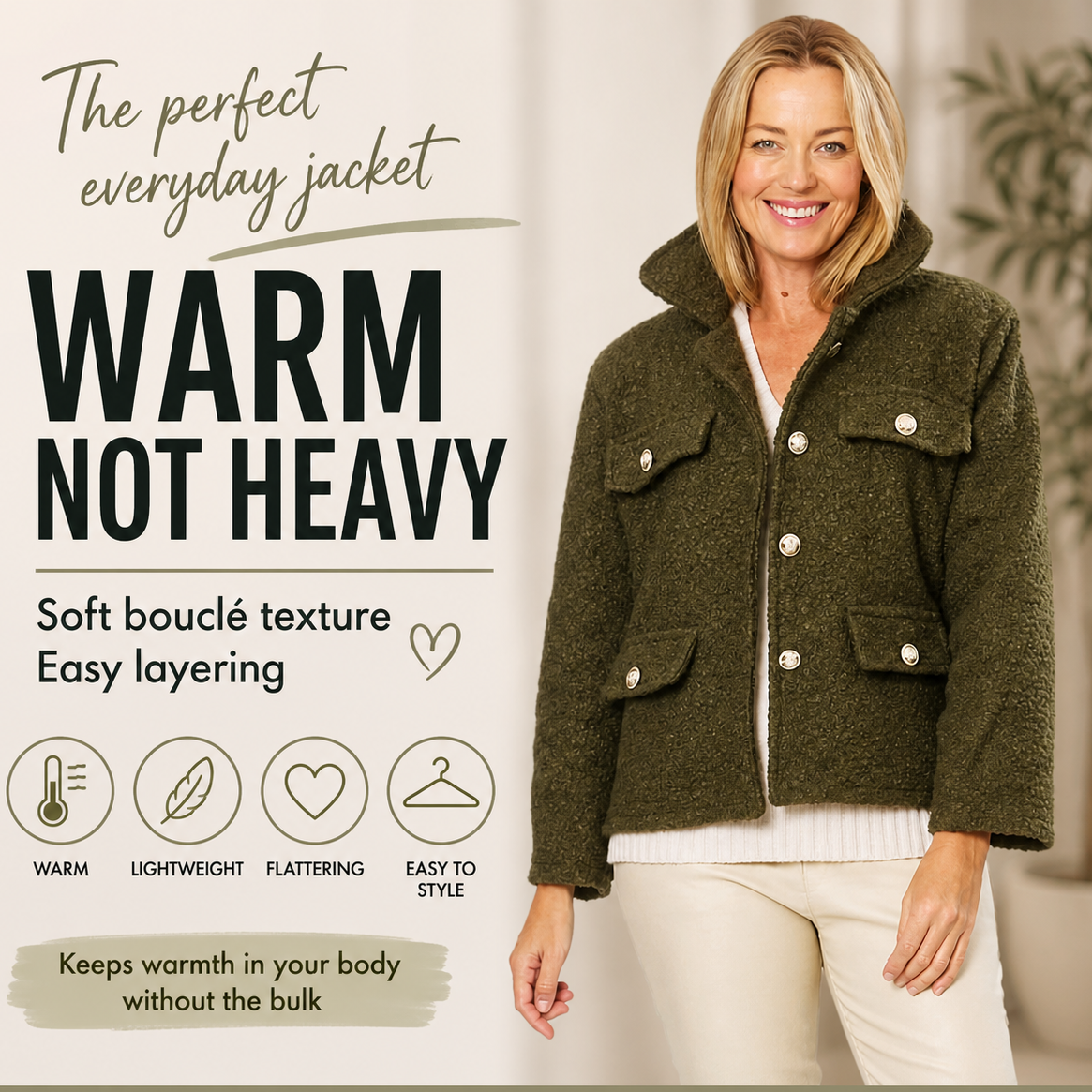 The Easy Warmth Bouclé Jacket (Olive)