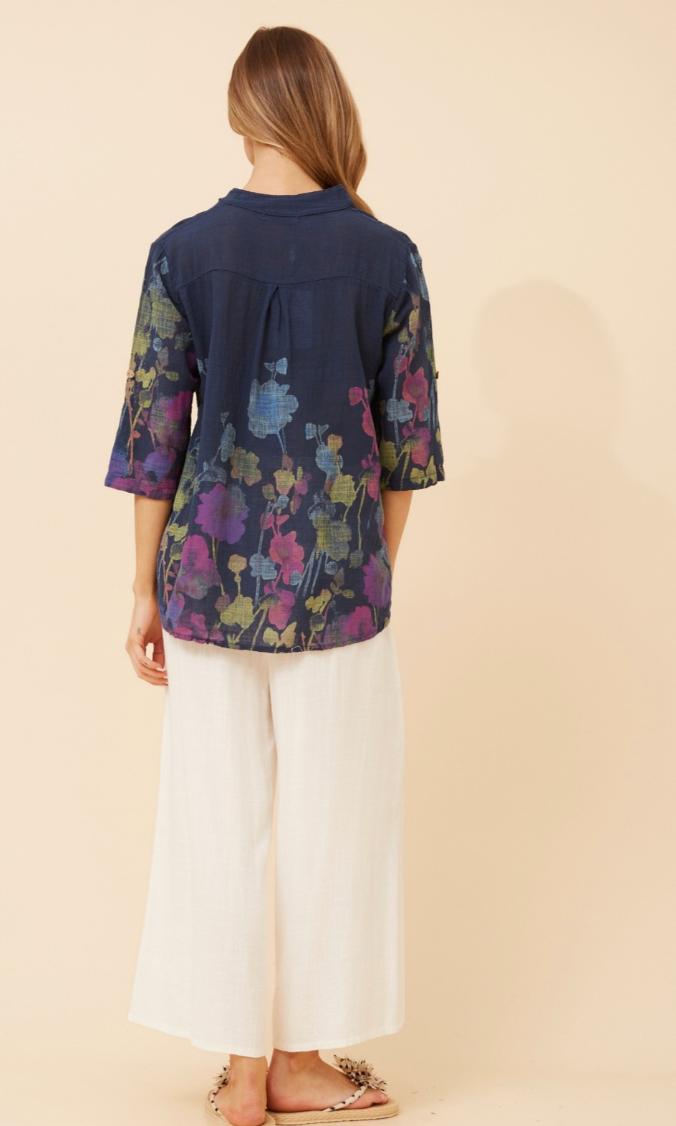 Navy Cotton Shirt with Painted like Details