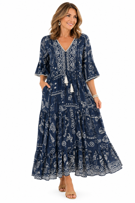 Navy Boho Rayon Maxi Dress