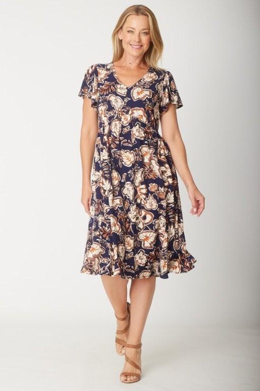 Navy Patterned Flounce Dress